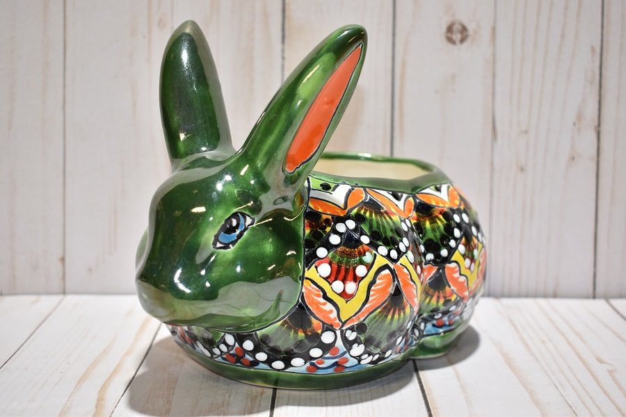 Rabbit Planter, Peacock Red and Green Pottery Design, Ceramic Rabbit Flowerpot