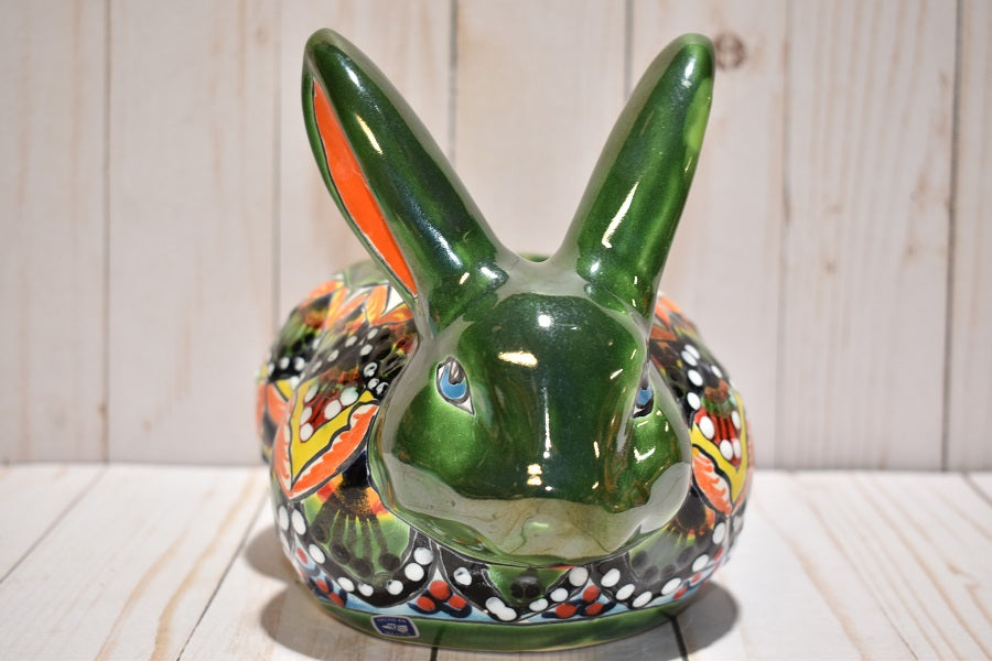 Rabbit Planter, Peacock Red and Green Pottery Design, Ceramic Rabbit Flowerpot