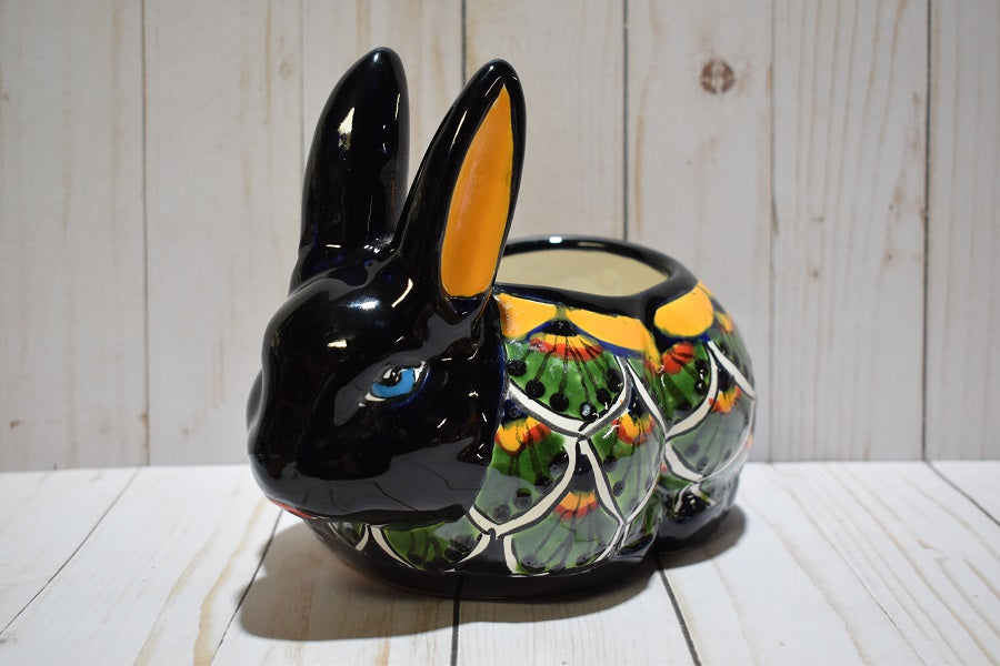 Rabbit Planter, Peacock Green Pottery Design, Ceramic Rabbit Flowerpot