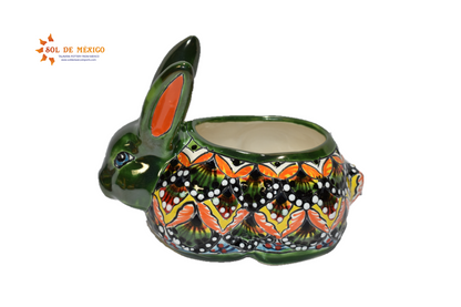 Rabbit Planter, Peacock Red and Green Pottery Design, Ceramic Rabbit Flowerpot